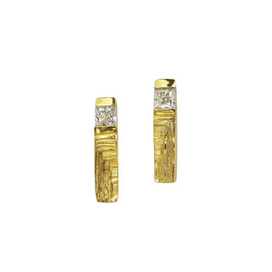 Small modernist 18ct gold stud earrings with princess cut diamonds and intricate texture, collector's jewelry