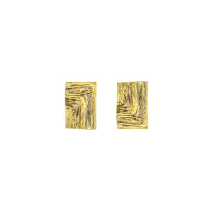 Blocky modernist 18ct gold stud earrings with hand carved texture, cuboid-shaped earrings made from recycled gold, rectangular gold earrings