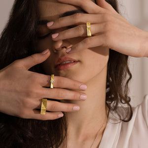 18ct gold ring stack wearing suggestion, textured gols rings, designer 18ct gold rings, textured gold jewelry