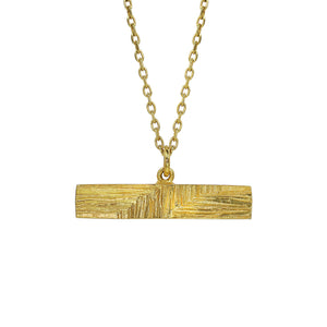 Geometric, rectangular t-bar pendant made from 18ct gold, with hand-cerved intricate texture resembling mineral stritations