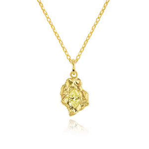 18ct gold pendant necklace with yellow diamond faceted marquise and unique lava texture like molten gold