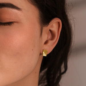 18ct gold geometric stud earrings with hand-carved texture, inspired gold earrings for women