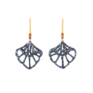 Iris 18ct gold earrings with small round yellow diamonds, orange citrine stone baguettes and blue rhodium plated silver petals