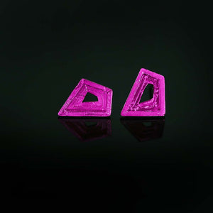 18ct white gold stud earrings with geometric textured layers and magenta nano-ceramic coating