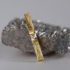 Fine art jewellery, 18ct gold statement stud earring with princess cut diamond and hand-carved texture