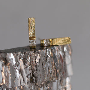 Gold jewellery, 18ct gold geometric stud earrings with princess cut diamonds and hand-carved texture resembling mineral striations