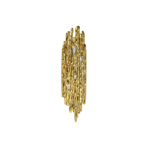Amorphe modernist-inspired, sculptural statement brooch in fire-textured 18kt gold and tapered baguette diamonds, front view.