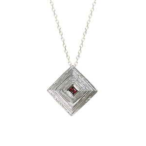 Corona Laminae 18kt white gold architectural statement pendant necklace with princess square pink rhodolite garnet, front.