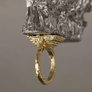 Sculptural masterpiece Frustum ring in 18kt gold and white baguette diamond, created from textured gold wire, as statement ring or bespoke heirloom. Part of the Classical collection.