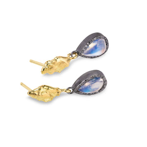Lava Iridesce 18kt gold, oxisided silver and rainbow moonstone statement drop earrings, angled view.