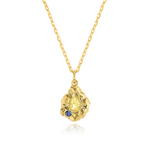Lava Jonquil solitaire 18kt gold pendant necklace with pear yellow diamond and blue sapphire accent in sculpted molten setting, front view.