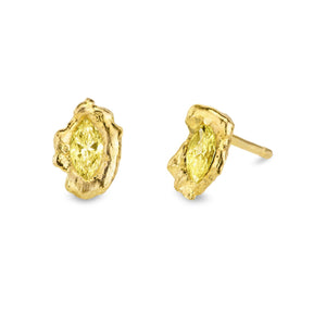 Lava Naples sculptural statement 18kt gold stud earrings with pale yellow marquise diamond and molten texture, detailed view.