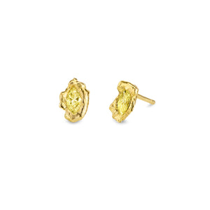 Lava Naples sculptural statement 18kt gold stud earrings with pale yellow marquise diamond and molten texture, front view.