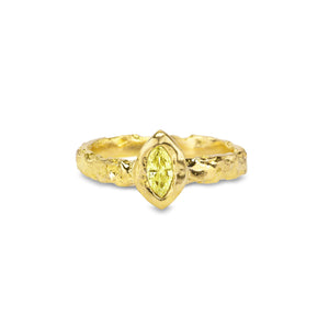 Lava Naples sculptural raw 18kt gold engagement ring with pale yellow marquise diamond and volcanic texture, front view.