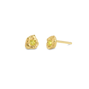 Lava Ochre sculptural statement stud earrings in 18kt textured gold and natural yellow diamonds, front view.